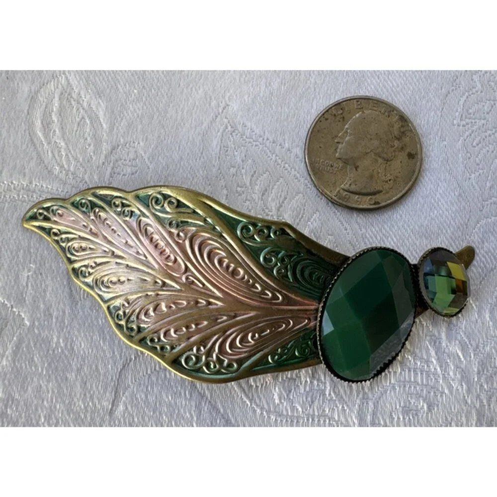 Cara NY Green Gold Rhinestone Feather Hair Barrette Pin Steampunk NEW
